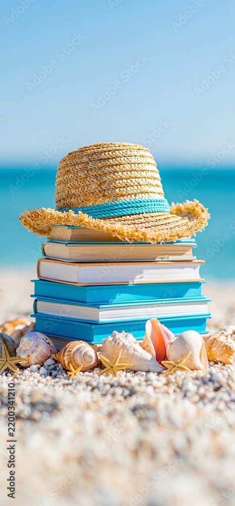 Obraz premium Straw hat and books on beach, summer reading vacation. Stacked books and a straw hat with seashells on a sandy beach by the ocean