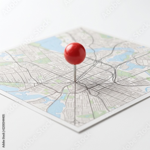 Red push pin marking specific geographical position on detailed city street map background isolated on white
