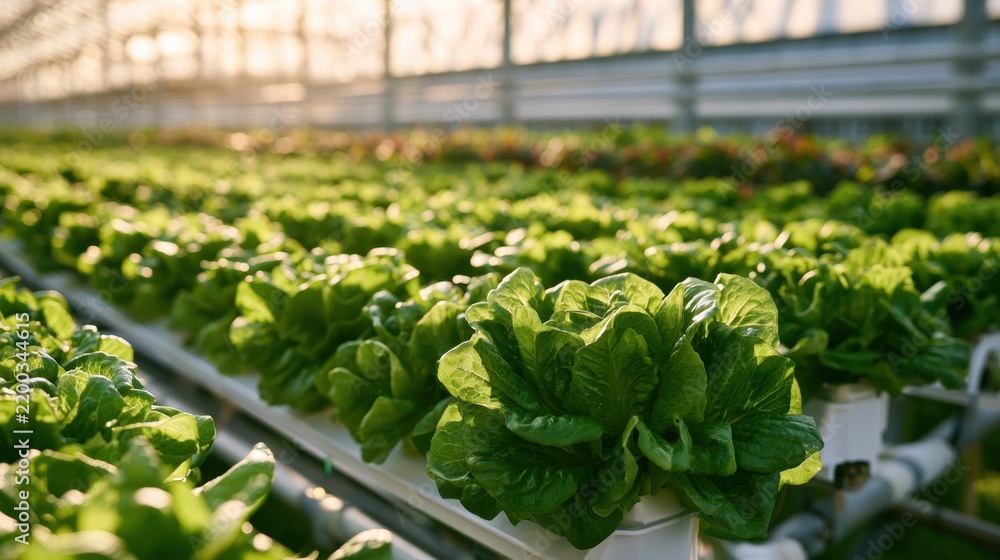 Obraz premium Green fresh lettuce growing in modern indoor hydroponic farm with natural sunlight and controlled environment