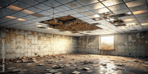 A Derelict Room with a Collapsed Ceiling and Scattered Debris, Bathed in Sunlight Streaming Through a Single Window