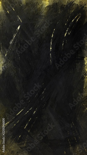 Elegant black and dark gray grunge background with expressive painted brush strokes, subtle metallic gold accents and scattered golden particles. Luxurious distressed texture with shimmering details