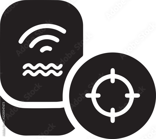 Black vector icon of a rectangular device emitting Wi-Fi signals and water ripples, next to a circular target scope symbol, isolated on transparent background.