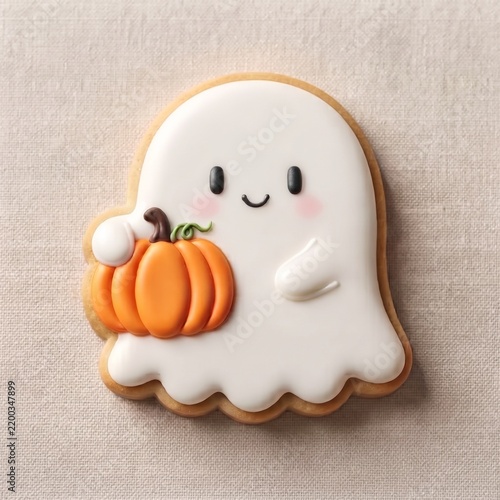 Cute Halloween Ghost Cookie Hugging Pumpkin with Sweet Kawaii Face.