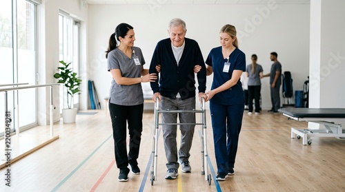 Two professional female nurses assisting a senior man with a walker in a bright physical therapy clinic during rehabilitation exercise