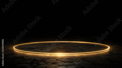 Single broad elliptical ring of soft golden light hovering above dark textured surface, creating mysterious atmospheric scene with warm illumination and reflection