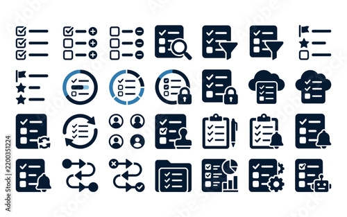 Set of blue business check list and task management icons isolated on a white background