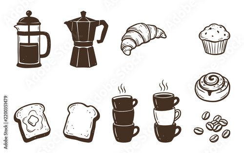 Set of hand drawn breakfast coffee and pastry icons isolated on a white background