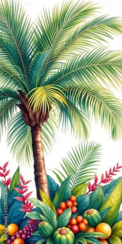 Vibrant watercolor palm tree against crisp white background, surrounded by lush foliage and tropical fruits, lush, tropical