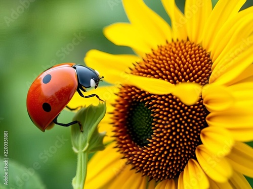 Vibrant ladybug sits atop a bright yellow sunflower, ||insect, sunshine