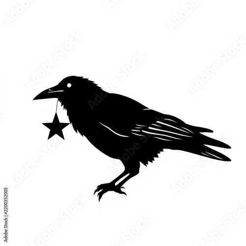 Symbolic black crow silhouette holding a star in its beak against white background, light, darkness