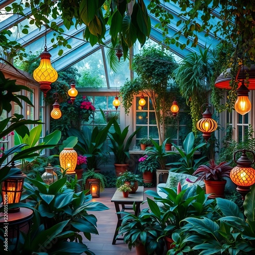 Softly lit garden room filled with lush greenery and whimsical lamps, intricate, atmospheric