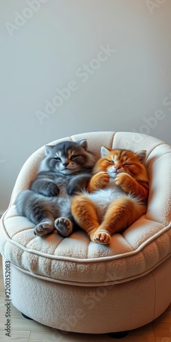 Soft, plush armchair, two furry friends lounging together, wooden floor, interior design