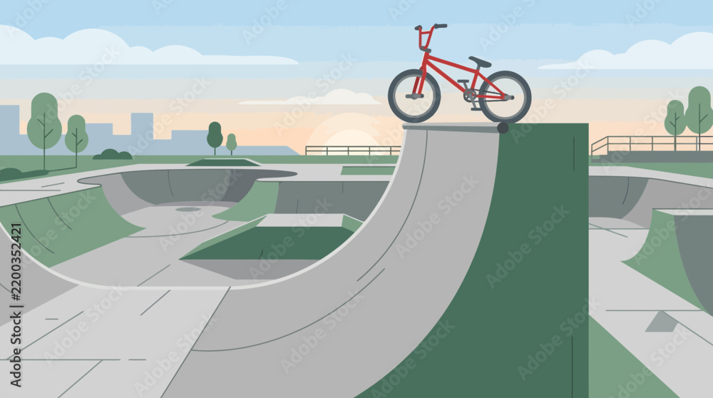 Obraz premium A minimalist flat design vector illustration showing a BMX bike resting on a skate park ramp, conveying a sense of calm anticipation before the action of extreme urban sports.