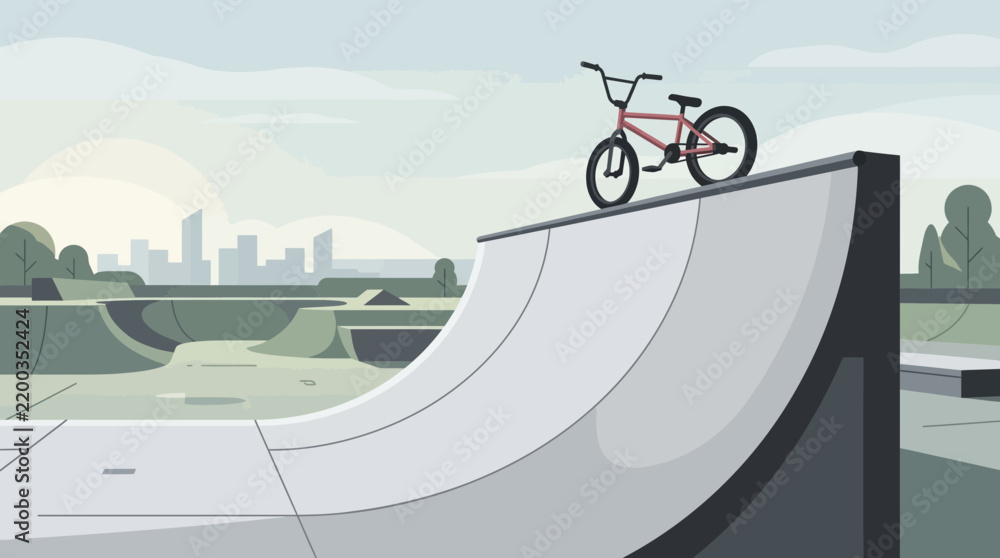 Obraz premium A minimalist flat design vector illustration showing a BMX bike resting on a skate park ramp, conveying a sense of calm anticipation before the action of extreme urban sports.