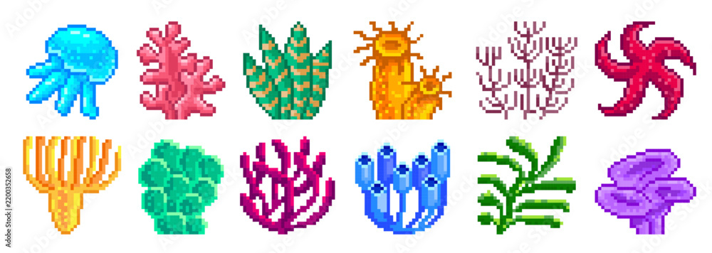 Obraz premium Coral Reef Set Pixel Art