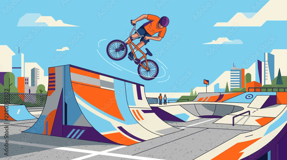 Obraz premium A striking flat design vector illustration showcasing a BMX rider mid-air, executing an impressive tailwhip trick over a ramp in a skate park, embodying the thrill of extreme action sports. 