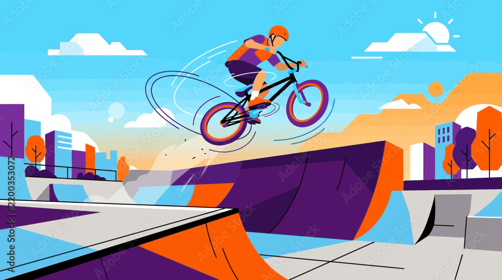 Obraz premium A striking flat design vector illustration showcasing a BMX rider mid-air, executing an impressive tailwhip trick over a ramp in a skate park, embodying the thrill of extreme action sports. 