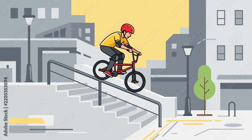 Obraz premium This flat design vector illustration depicts a BMX rider performing a daring grind on a street handrail, capturing the essence of street freestyle and urban adventure. 