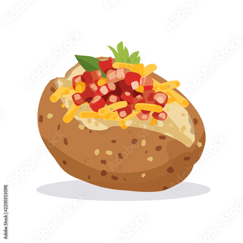 A delicious baked potato topped with melted cheddar cheese bacon bits and fresh herbs isolated on transparent background, Vector