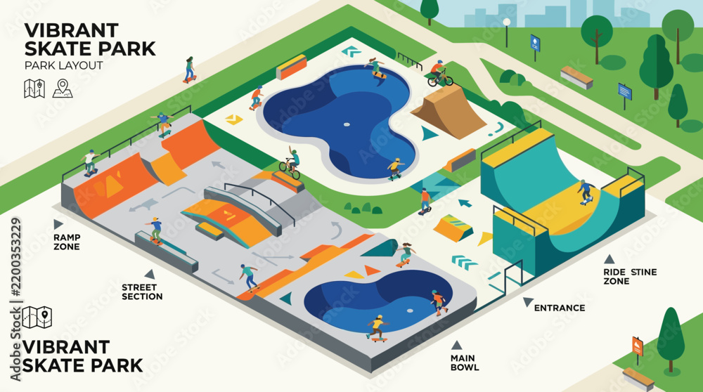 Obraz premium An engaging flat design vector illustration presents an aerial, isometric view of a bustling skate park, showcasing various athletes enjoying skateboarding, BMX, and roller sports. 