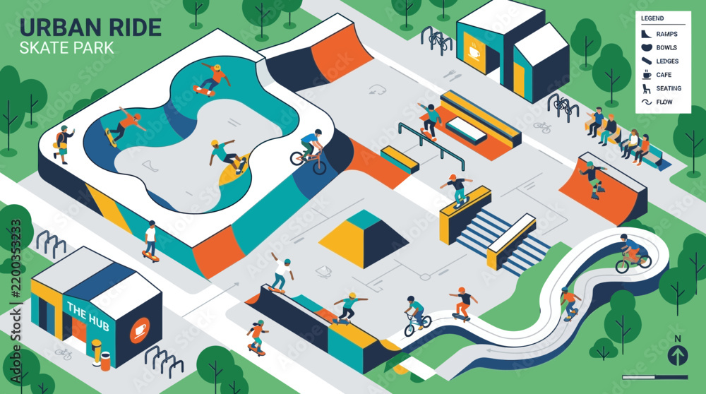 Fototapeta premium An engaging flat design vector illustration presents an aerial, isometric view of a bustling skate park, showcasing various athletes enjoying skateboarding, BMX, and roller sports. 