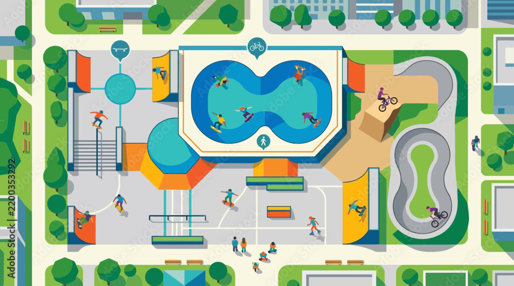 Obraz premium An engaging flat design vector illustration presents an aerial, isometric view of a bustling skate park, showcasing various athletes enjoying skateboarding, BMX, and roller sports. 