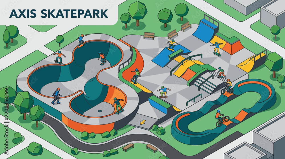 Obraz premium An engaging flat design vector illustration presents an aerial, isometric view of a bustling skate park, showcasing various athletes enjoying skateboarding, BMX, and roller sports. 