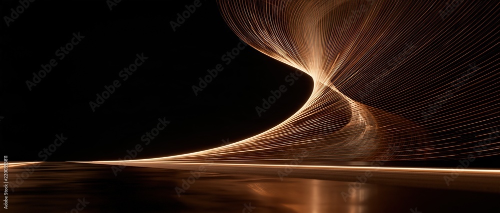 Fototapeta premium Abstract dynamic glowing curved tunnel made of thin parallel golden light lines on dark black reflective background shows futuristic motion speed and energy concept