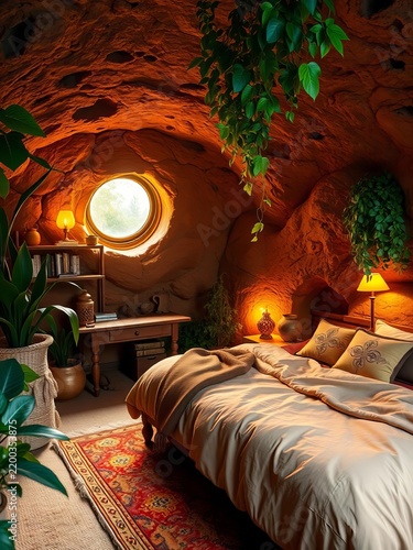 Cozy cave bedroom with warm lighting and lush greenery, Serene, Lamps