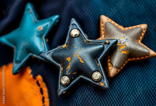 Close-up of worn, distressed star-shaped studs on dark fabric,  close-up,  backdrop