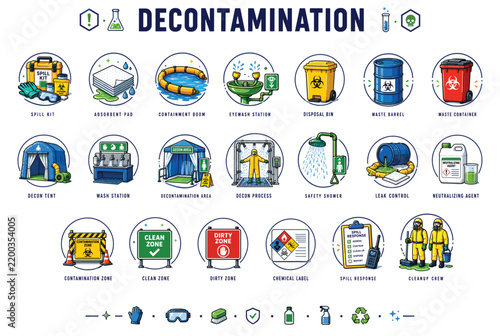 Decontamination Safety Icon Set for Spill Response, Chemical Cleanup and Hazard Control. Suitable for safety posters, industrial banners, hazard infographics, workplace training materials, emergency 
