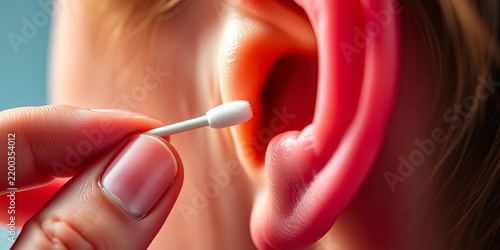 Close-up of a hand using a cotton swab to clean an ear,  cotton bud,  cotton swab