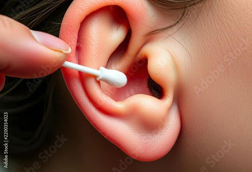 Close-up of a hand using a cotton swab to clean an ear,   auditory,   daily routine