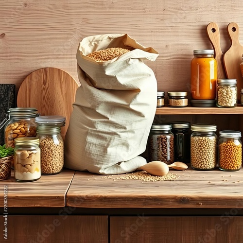 A rustic wooden countertop piled high with a bag of grains and surrounded by jars of preserved pantry goods, textured surface, natural light