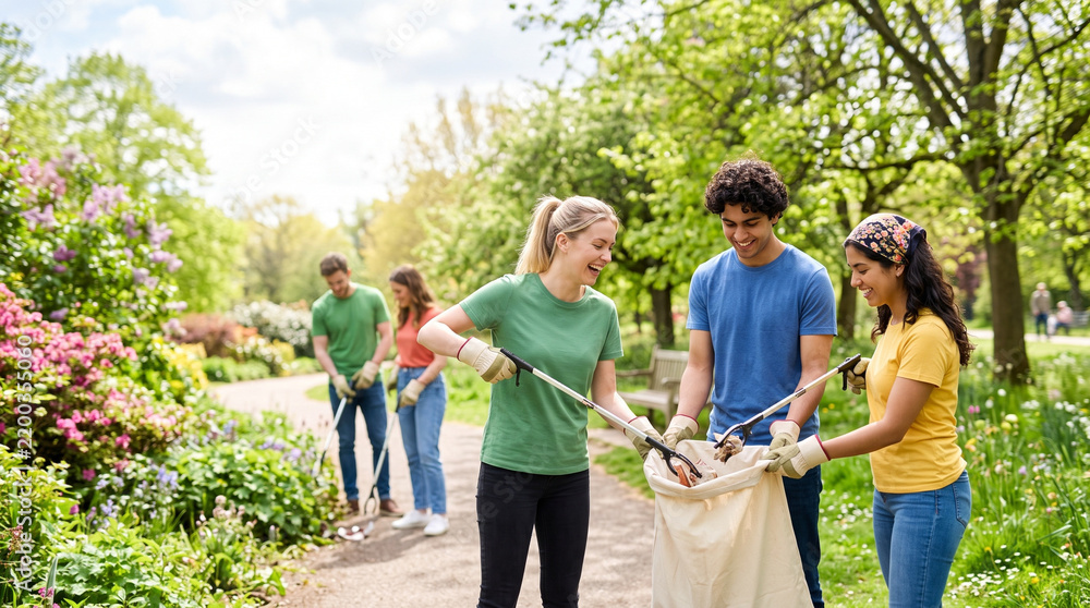 Obraz premium Group of volunteers cleaning park with smiles in a vibrant garden 
