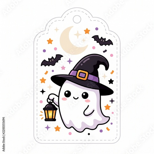 Cute Halloween Gift Tag with Ghost Witch Hat Lantern Moon and Bats.