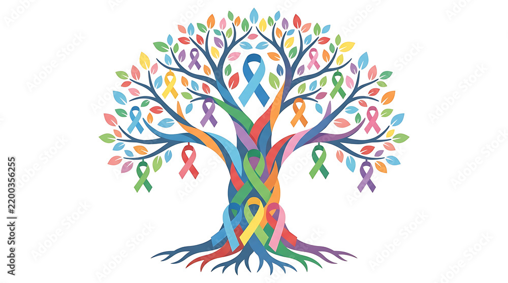 Naklejka premium Colorful Cancer Awareness Ribbon Tree Concept for Healthcare Hope and Support
