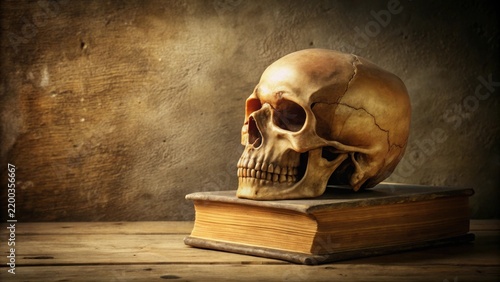 A weathered skull rests on an antique book, a poignant still life of mortality and forgotten lore