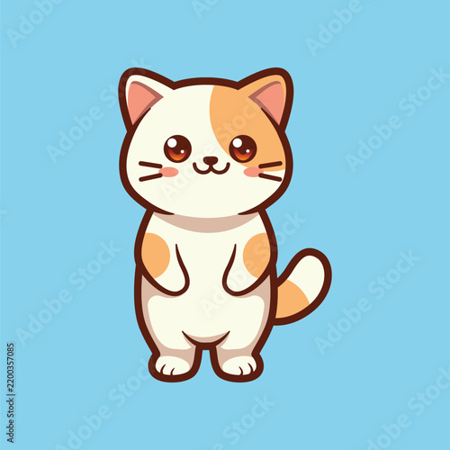 Adorable cartoon calico kitten sitting upright on clean blue background with soft lighting
