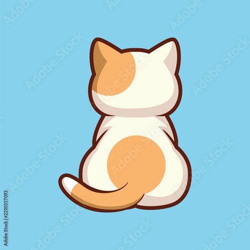 Cartoon calico kitten sitting upright with tail curled on light blue background