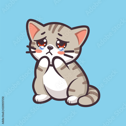 Cartoon kitten sitting with hands covering face in blue background