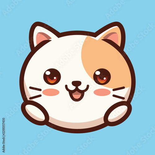 Chibi-style cartoon cat with orange and white fur smiling cheerfully against solid blue background
