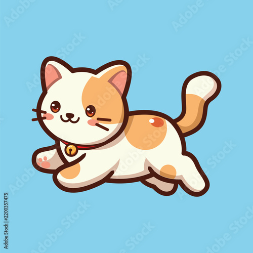Cartoon calico kitten mid-jump with collar in clean blue sky background