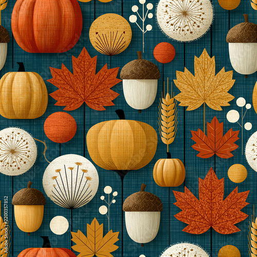 Seamless pattern of autumn elements including pumpkins, acorns, and maple leaves on a textured teal background