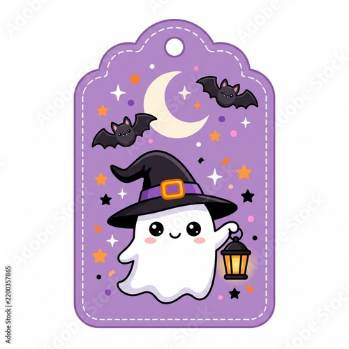 Cute Halloween Gift Tag with Ghost Witch Hat Lantern Moon and Bats.