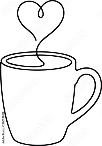 Minimalist black coffee mug line art with heart shaped steam for cafe branding and decor.