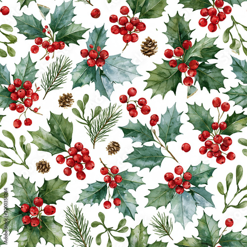 Watercolor seamless pattern of holly branches with red berries, pine needles, and mistletoe on a white background. Elegant Christmas botanical design