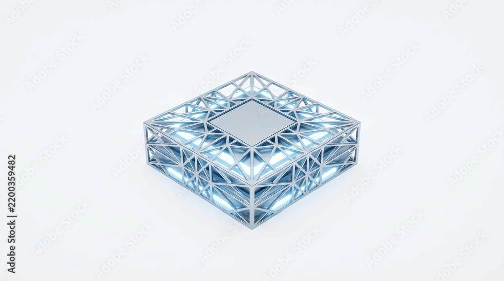 Fototapeta premium Modern silver futuristic display platform with geometric frame and soft glowing blue lights on transparent background