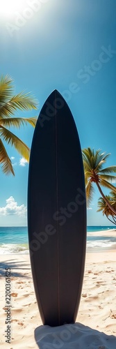 A black surfboard stands upright on a sun-drenched tropical beach with palm trees under a bright blue sky, blue sky, waves