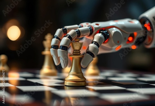 Close-up of robotic hand manipulating chess piece on board,  strategy,  board game